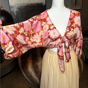 Lush Floral Tie Front Long Sleeve Crop Top Small Boho Retro